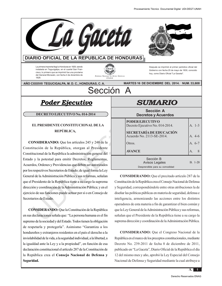 Decreto ejecutivo No. 014-2014